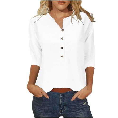 Womens T Shirts Ladies Tops Casual 3/4 Sleeve Summer Tops Button V Neck T-Shirt Printed Blouses Basic Tee Shirts