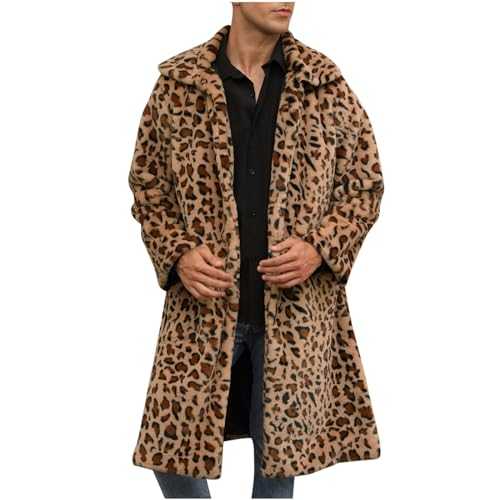 Men's Faux Fur Coat Fashion Leopard Winter Coat Fleece Fluffy Fuzzy Jackets Super Warm Oversized Cardigan Heavyweight Thermal Teddy Bear Overcoat Long Trench Coats Warm Thicken Fluffy Outwear UK