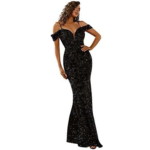 Lin Lin Q Women’s Formal Sequin V Neck Cold Shoulder Maxi Dress, Bodycon Short Sleeve Mermaid Prom Gowns