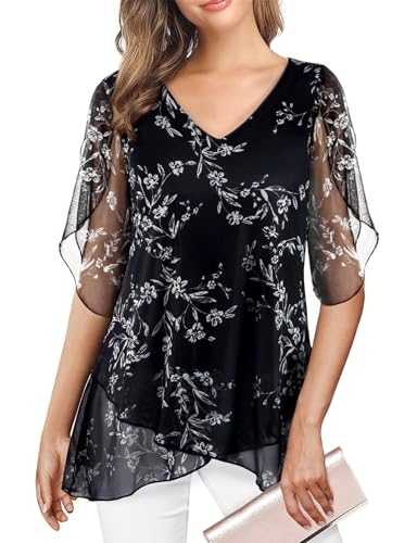 Gemulate Dressy Tunic Tops V Neck Overlap Ruffle Sleeve Ladies Flowy Mesh Blouses Shirts Fall Outfits for Women(M-XXXL)