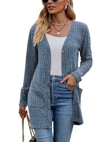 Famulily Women's Long Sleeve Open Front Cardigans, Button Down V Neck Lightweight Outwear Jumper Sweaters with Pockets