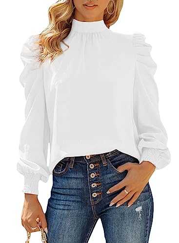 Dokotoo Women's Blouses Elegant Puff Sleeve Turtleneck Ruffle Chiffon Shirts Casual Loose Womens Blouses Spring Fall Ladies Tops S-XXL