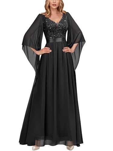 MIUSOL Women's Elegant Sequin Insert Lace Sheer Chiffon Deep V Neck Flare Sleeve Evening Prom Formal Long Dress