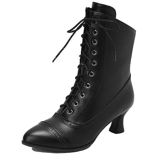 Mo Joc Women Vintage Lace-up Ankle Boots with Pointed Toe and Kitten Heel Casual Business Ankle Boots