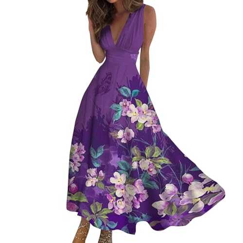 AMDOLE Party Dresses for Women UK 2024 Elegant V Neck Sleeveless Maxi Dress Stylish Flowy Printed Beach Dress Fancy Dress