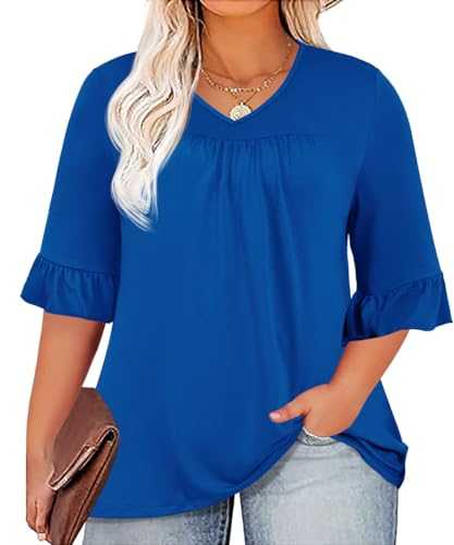 Micoson Plus Size Tops for Women 3/4 Ruffle Sleeve Shirt Casual V Neck Pleated T Shirt Loose Fit Tunic Blouse(1X-5X)