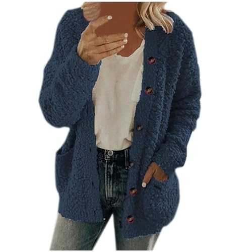 Fluffy Cardigans Women Warm Comfy Fleece Jackets Button-Up Plain Long Sleeve Thermal Cardigans with Pockets Ladies Autumn Winter Casual Loose Fit Wool Coats