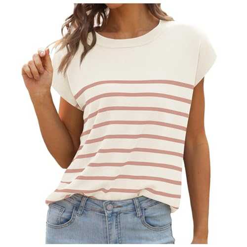 Women Tops Cap Sleeve Striped Batwing Short Sleeve Summer Crew Neck Knitted Casual Loose Shirts Top Silk Top