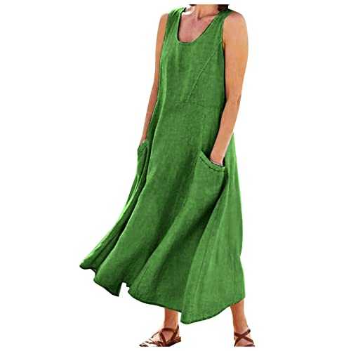 Linen Dress for Women Summer Sleeveless Solid Casual Baggy Flowy Maxi Dresses with Pockets