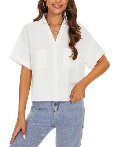 MINTLIMIT Womens Button Shirts Short Sleeve Blouse Crop Tops Drop Shoulder V Neck Shirt Casual with Chest Pocket