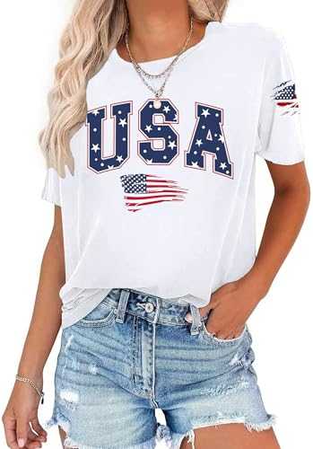 PICKID American Flag Shirt Women 4th of July T-Shirt USA Print Patriotic Tees Stars and Stripes Graphic Casual Tops