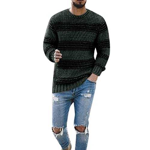 NQyIOS Mens Jumpers UK Casual Men's Sweater Pullover Striped Knitted Round Sweaters Pullovers Vintage Stripe Long Sleeve Jumper Regular Fit Men's Winter Sweater Casual Solid Color Tops Sweatshirt