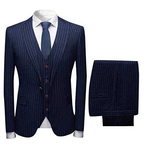 CALVINSUIT Men's Pinstripe 3 Pieces Suit Slim Fit Single Breasted Business Wedding Party Jacket Vest Trousers Set