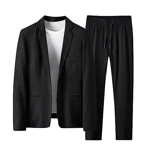 2024 fashion Christmas Man's Two Piece Lapels Suit Set Office Business Long Sleeve Jacket Pant Suit Slim Fit Trouser Jacket Suit Nice Suit for Men (Black, L)