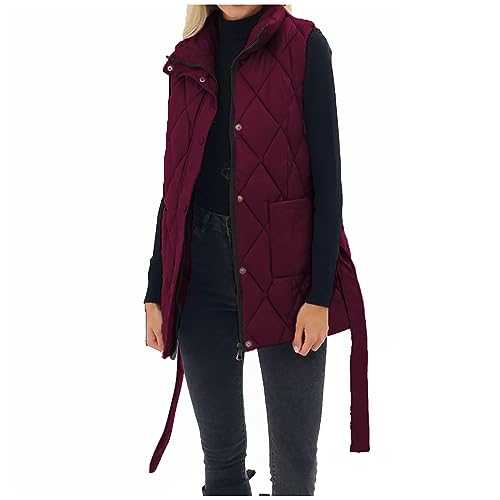 AMhomely Ladies Padded Waistcoats Warm Gilet For Women With Pocket Sleeveless Padded Jacket Button Down Coats Stand Collar Loose Fit Vest Jacket Cotton Padded Qulited Coats Winter Outdoor Warm Vest