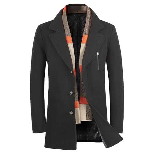 WULFUL Men’s Wool Blend Winter Coat Slim Fit Short Trenchcoat Warm Business Jacket with Free Detachable Soft Wool Scarf