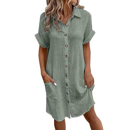 Plus Size Dress for Women Linen T Shirt Dresses Linen Buttons Short Sleeve V-Neck Summer Casual Sundress with Pockets Bohemian Plus Size Mid-Long Work T-Shirts Beach Summer Holiday Daily 5XL