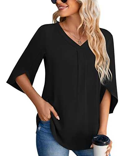 Aodemo Women's Summer Dressy Chiffon Blouse 3/4 Sleeve V Neck Tunic Casual Loose Shirt Office Work Tops