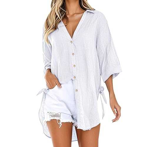 YWLINK 3/4 Sleeve Shirts for Women UK V Neck Cotton Linen Plus Size Blouses Button Down Basic Loose Fit Tunic Tops Casual Lightweight Basic Trendy Plain Tees
