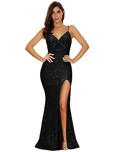 Women's Split Side Sparkling Sequins Straps Maxi Long Evening Prom Dress