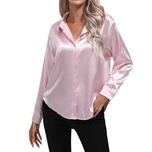 Satin Blouse Women's Elegant Blue: Women's Long Sleeve Shirt with Button Placket - Summer Blouses Lapels Plain Business Blouse Lightweight Silk Blouse Shirt Loose Airy Viscose Blouse Washable Work