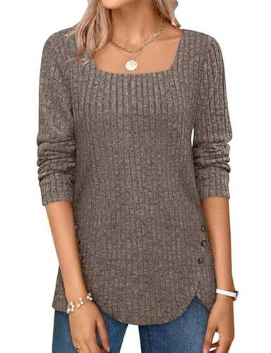 Womens Long Sleeve Tops Ladies Lightweight Jumpers Square Neck Button Side Tunic Tops Casual Striped Sweatshirts