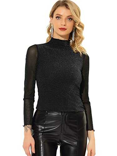 Allegra K Women's Mesh Gilitter Shiny Long Sleeve Shirt Slim Party Tops