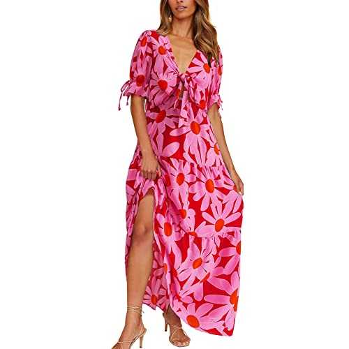 Dresses for Women UK Sale Ladies 2023 Summer Boho Dress Knot Front Deep V Neck Short Sleeve Floral Tiered Casual Party Beach Maxi Dresses Wedding Guest Dresses Bridesmaid Dresses Party Elegant