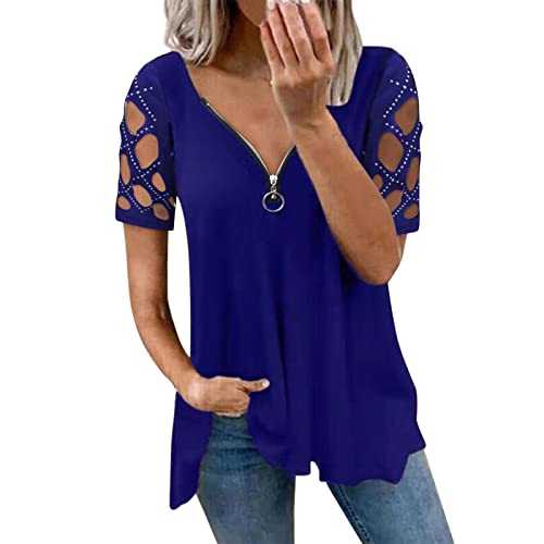 Cocila Summer Tops for Women 2024 UK Short Sleeve Casual Pullover Solid Color/Floral Print Stitching Zip Up V Neck Fashion Design Blouse Vintage T Shirts for Work