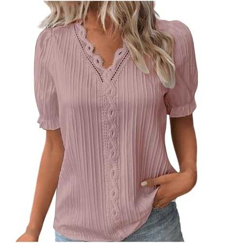 HOOUDO Womens Summer Tops Casual Elegant Blouses Shirts Dressy Soft Short Sleeve Tunic Top Tee Solid V Neck T-Shirts Oversized Loose Spring Blouse for Ladies