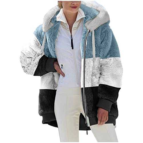 AMhomely Winter Coats for Women Clearance Fuzzy Fleece Jacket Hooded Color Block Full Zip Up Cardigan Coats Outerwear Overcoats Sherpa Outwear with Pockets UK Size 8-22