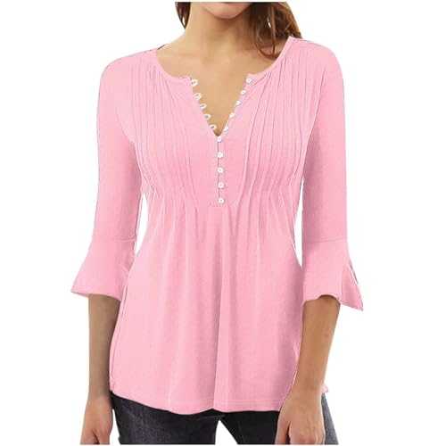 AMhomely 3/4 Sleeve Blouse for Women UK Bell Sleeve Tops Blouse Solid Ruched Tunic Tops Shirts Plain V Neck Button Down Casual Blouse Longline Tops Ruched Tee Shirts Elegant Casual Blouse