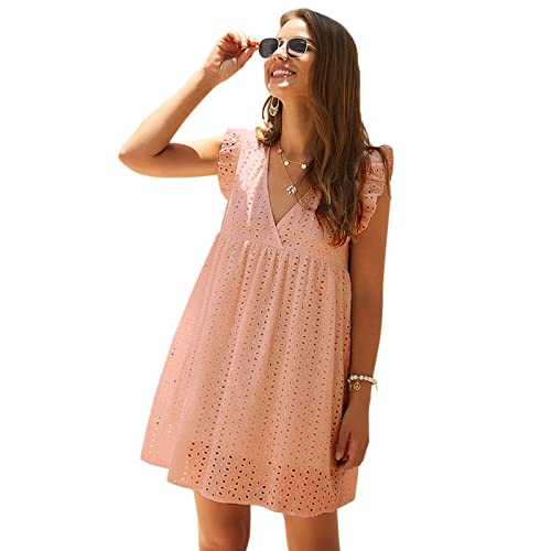 Ladies Dresses Sale Clearance UK,Women California Romper Dress Summer Casual V Neck Fly Sleeve Lace Eyelet Solid Color Loose Dresses Hollow Out Sleeveless Mini Dress for Beach