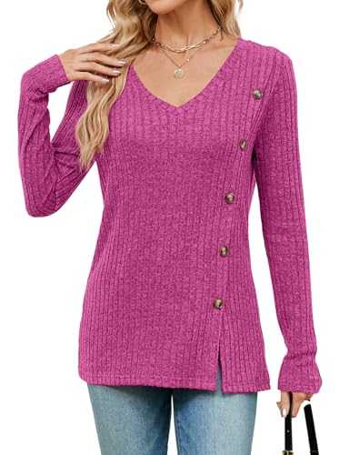 Akiooue Womens V Neck Jumpers Casual Long Sleeve Tops Lightweight Knit Jumper Tunic with Button Front