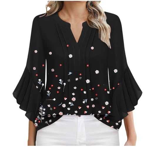 NSICBMNO Womens Summer Tops V Neck Tshirt Boho Floral Top Ruffle Blouses 3/4 Sleeve Tops Tunic Shirt Baggy T Shirts Oversized T Shirts Casual Blouses Floaty Tshirt for Holiday Beach Work