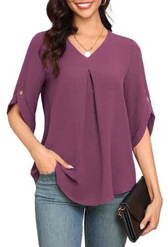 CHANGMU Blouses for Womens V Neck Ladies Summer Tunic Tops 3/4 Sleeve Casual Elegant T Shirts