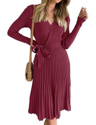 ZESICA Women's 2023 Autumn Long Sleeve Wrap V-Neck Ribbed Knit Pleated A-line Pullover Dress with Belt