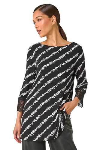 Roman Originals Women's Floral Soft Stretch Jersey Top - Autumn Winter Round Neck Long Sleeve Casual Chic Top - Black