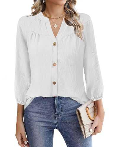 Womens Tops Dressy Casual 3/4 Sleeve T Shirts V Neck Button Down Pleated Back Blouses Summer Fashion Clothes