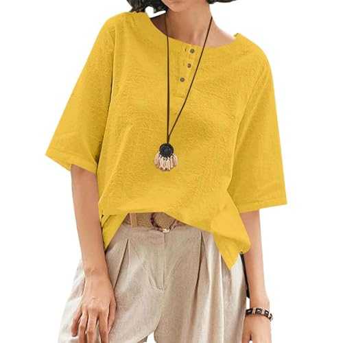 Womens Summer T Shirts Cotton Linen Oversized Drop Shoulder Half Sleeve Casual Crew Neck Ladies Tops for Baggy Fashion UK Size