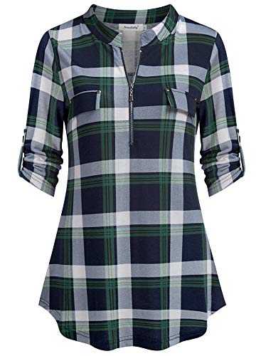 Ninedaily Women's 3/4 Sleeve Plaid Shirts Zip Floral Casual Tunic Blouse Tops