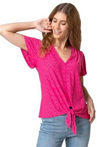 Roman Originals Women Broderie Anglaise Button Down Tie Front Top - Ladies Spring Summer Holiday Packing Day Beach BBQ Garden Party V-Neck Short Sleeve Crochet Tops
