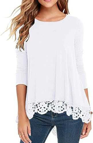 QIXING Womens Tops Lace Hem Short Long Sleeve Crew Neck Shirts A Line Tunic Blouse for Women UK