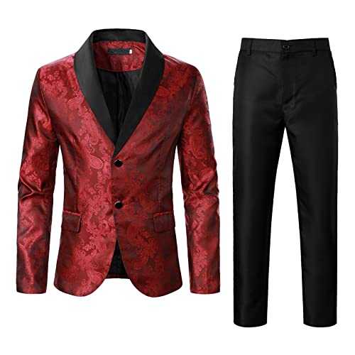 YIzdegg Men's Business Wedding Banquet Prom Casual Pattern Embroidery Premium Stretch Slim Fit Classic Fit and Trousers Two Piece Running Suit Men