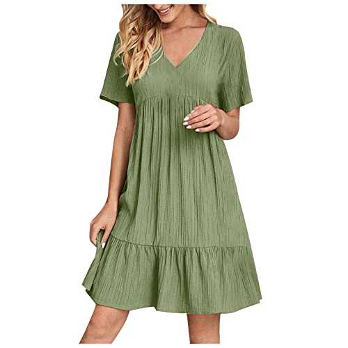 Womens Summer Dresses Casual Short Sleeve V-Neck Midi A Line Sundress Womens Summer Solid Wrap Dress Ladies Casual Plain Short Sleeve Beach Dresses for Women UK Clearance Sundress Ladies Dress