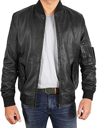 Fashion_First Mens MA-1 Flight Military Bomber Real Leather Jacket - Andy Samberg Brooklyn Casual Biker Jacket