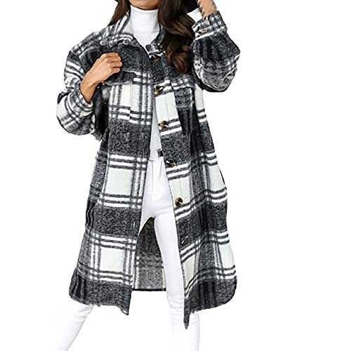 AMhomely Winter Jackets for Women Clearance UK Plaid Long Wool Blend Coat Shacket Jackets Long Sleeve Button Down Casual Boyfriend Flannel Shirts Warm Girls Cardigan Outerwear Plus Size Warm Coat