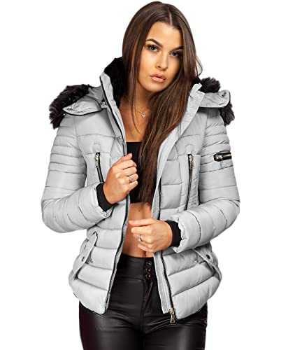 Ladies Womens Quilted Puffer Bubble Padded Faux Fur Collar Trim Hooded Winter Stretch Warm Thick Parka Zip Toggle Jacket Coat Grey UK Size