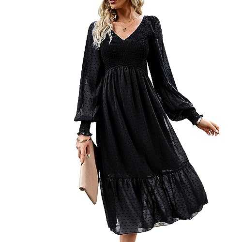 OUSIMEN Women's Dresses Casual Elegant Long Sleeve Plain Midi Dress for Party Vacation