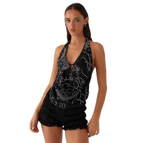 LYSINK Women Sequin Halter Tank Top Sexy Deep V Neck Backless Beaded Sparkle Sleeveless Vests Summer Camisole for Club Party